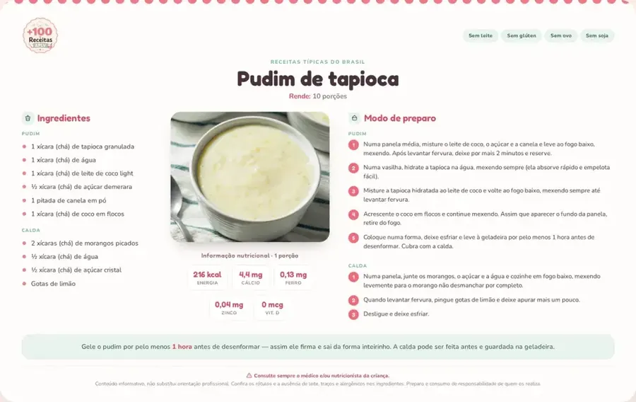 Exemplo visual do pack de receitas APLV